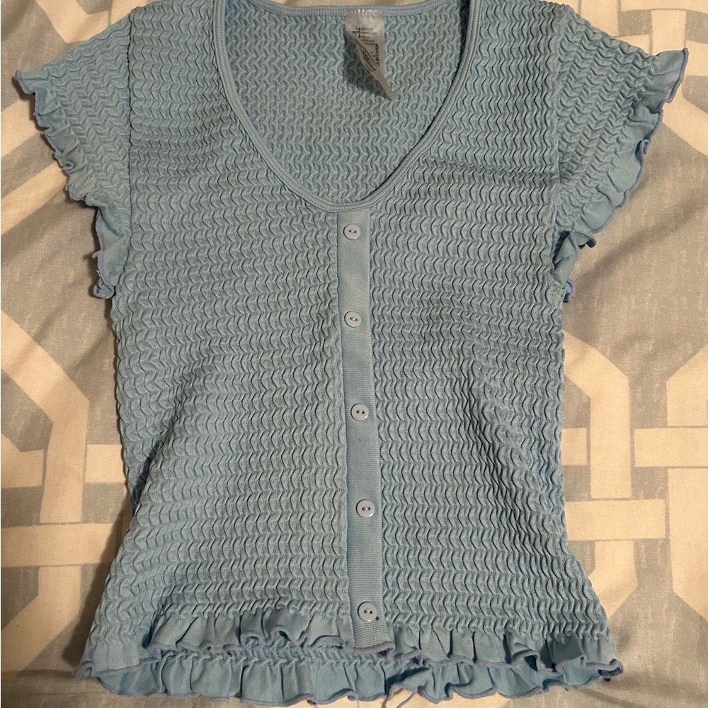 Elegant Light Blue Ruffled Blouse